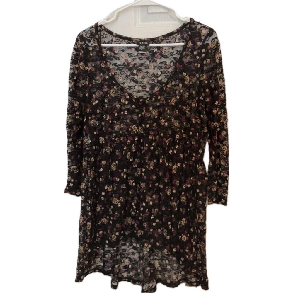 Torrid Womens Black Floral Lace Babydoll V-Neck Tunic Top Size 00 M L RN148862